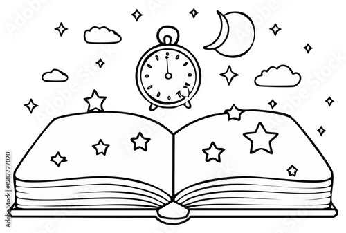 Open book with nighttime celestial elements and alarm clock illustration for coloring