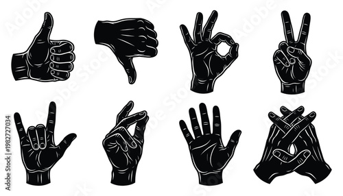 Hand gesture icons set for diverse communication and feedback concepts