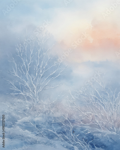 Winter frost landscape with bare trees under soft blue light creating a calm tranquil mood and watercolor texture that conveys cold serenity