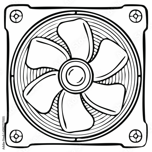 Hand-Drawn Computer Fan Illustration, Black and White Cooling System Design, Square Frame, Blade Rotation Concept