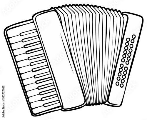 Illustration of a black and white accordion musical instrument with keyboard and buttons isolated