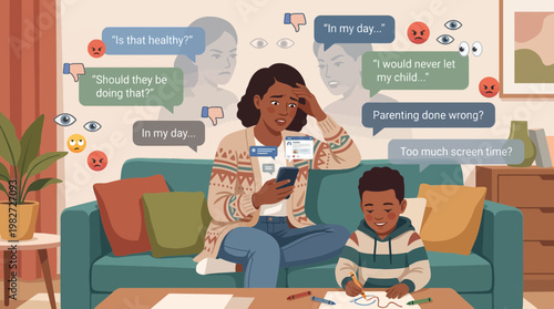 Stressed Mother Facing Social Media Judgment and Mom Shaming