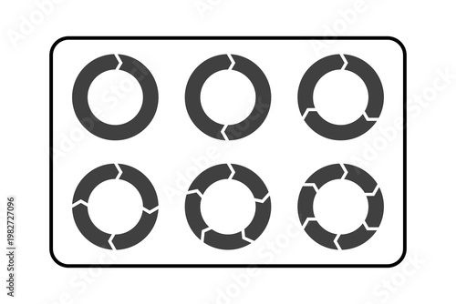 Collection of six different circular arrow diagram icons with varying numbers of segments isolated on a white background
