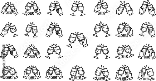 Hand Drawn Black  White Line Art Icons Set of Toasting Glasses with Hands and 'Cheers' Text for Celebration, Party, Events  Food and Drink