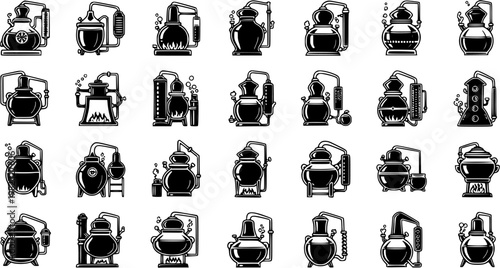 Alembic Distillation Apparatus and Still Icons Set. Black and White Glyph Style Laboratory Equipment for Chemistry, Alcohol Production, and Alchemy.