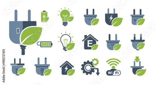 Eco-friendly energy icons: plug, lightbulb, battery, house, Wi-Fi, gear. Green energy.