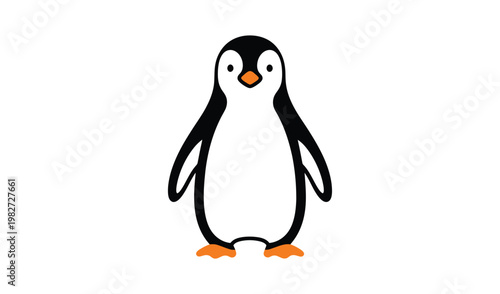 Cute Cartoon Penguin Standing Upright with Orange Feet and Beak, Isolated on White Background, Digital Illustration, Charming and Playful Mood