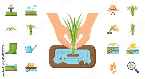 Farming Icons: Hands Planting Rice Seedling in Water, Scarecrow, Straw Hat, Boots, Watering Can