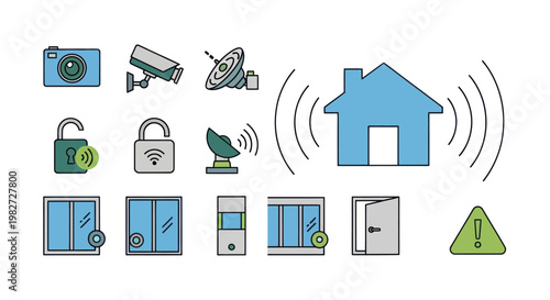 Smart Home Security Icons: Camera, Lock, Alarm, Wi-Fi, House Protection