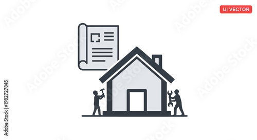 Home Renovation Plan Icon: House, Blueprint, Workers with Tools