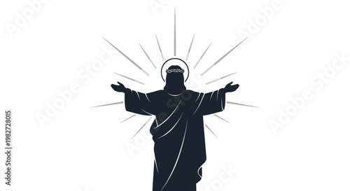 Jesus Christ Silhouette with Radiant Halo and Open Arms, Religious Symbol, Christian Faith Icon