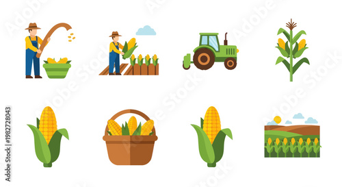 Corn Harvest Icon Set: Farmer, Tractor, Cornfield, and Cobs