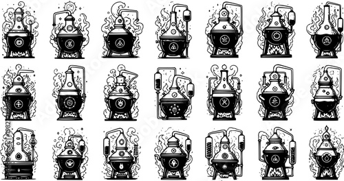 Monochrome Black  White Alchemy Stills Glyphs Collection. Distillation Flasks, Alembics, and Vintage Lab Equipment Line Art Icons for Magic and Science.