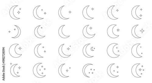Crescent Moon Icons with Stars, Night Sky Elements, Simple Line Art Collection