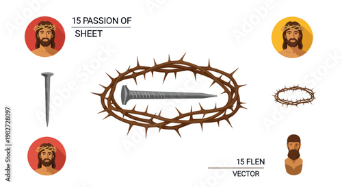 Jesus Christ Crown of Thorns, Nail, and Portrait Icon - Religious Symbolism