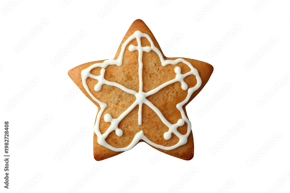 Fototapeta premium Gingerbread star cookie representing winter holiday festive season, decorated with white icing on transparent background