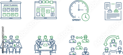 Agile project management icon set featuring sprint planning scrum board team collaboration meeting and time management vector symbols.