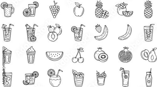 Hand-drawn Black and White Line Art Icon Set of Fresh Fruits and Fruit Juices, Smoothies, and Cocktails for Food and Drink Industry Design