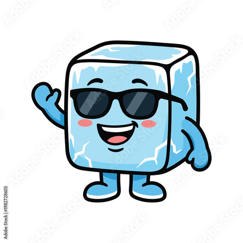Cool Ice Cube Cartoon Character Wearing Sunglasses Waving