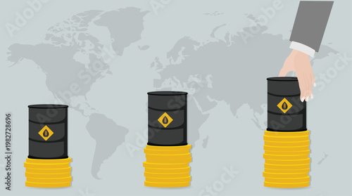 Oil price growth chart with barrels and coins illustration