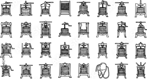 Food and Drink Industry Vintage Fruit and Wine Press Icons Set. Line Art Black and White Collection of Traditional Winemaking and Cider Equipment, Glyph Style.