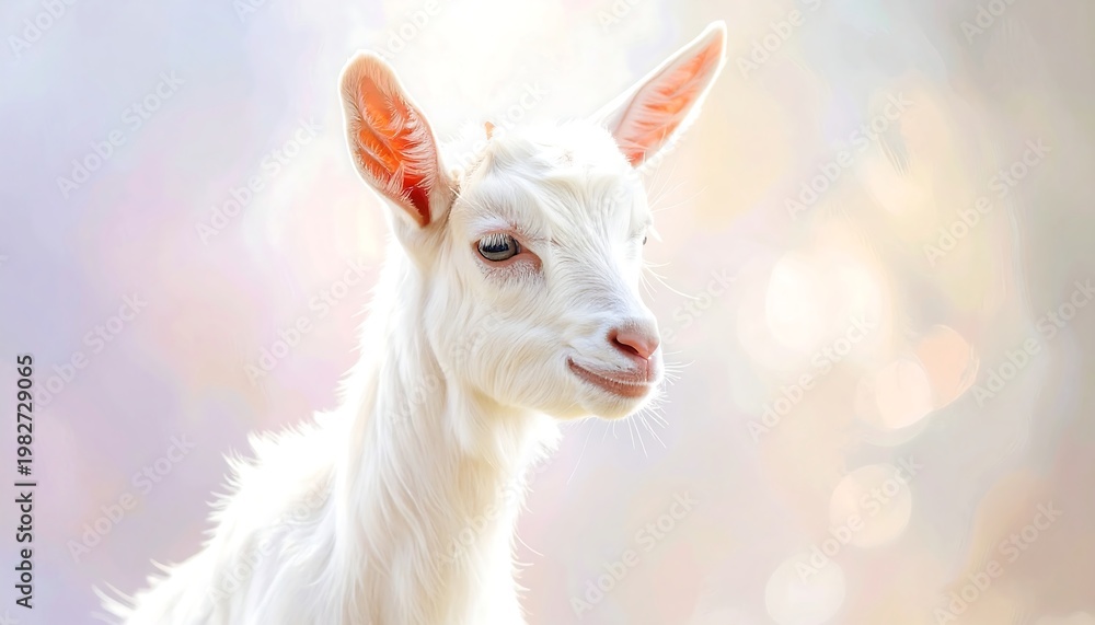 Fototapeta premium A white goat with perked ears against a colorful bokeh background