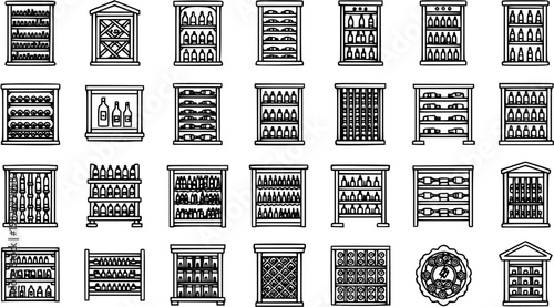 Black and White Line Art Icons of Wine Racks and Cellars, Alcohol Storage and Beverage Display