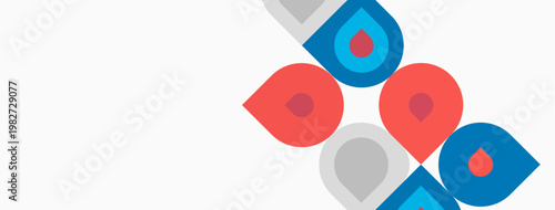 Abstract graphic design features colorful droplet shapes. Red, blue, gray elements create dynamic composition. Minimalist style, clean lines present.