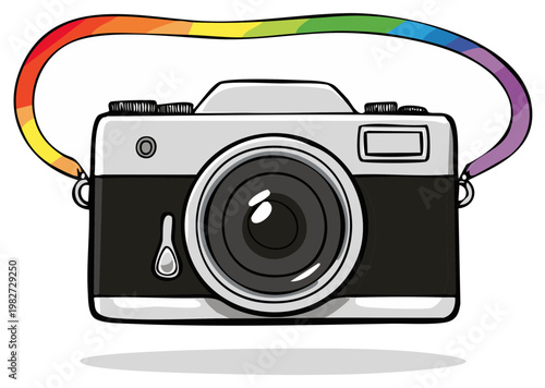 Cartoon camera with rainbow strap, illustration