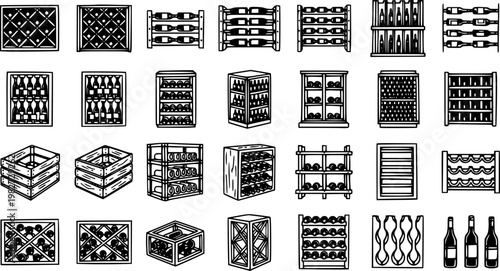 Wine Racks and Cellar Storage Outline Icons Set. Black  White Line Art Collection for Beverage Industry, Restaurants, and Home Decor.