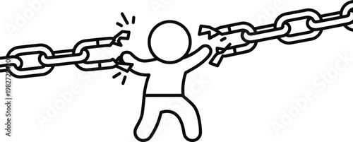 Stick figure illustration of a person breaking a heavy chain, symbolizing freedom, liberation, strength, and overcoming significant personal or societal obstacles.