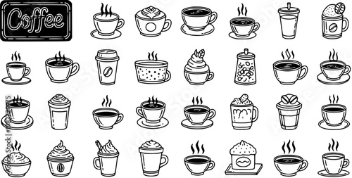Black and White Line Art Coffee Icons Set. Hand-drawn doodle style collection of various coffee cups, mugs, and drinks for cafes and beverage industry.