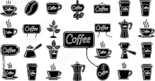Coffee Shop and Cafe Black and White Glyph Icon Set. Food and Drink Symbols Collection of Hot Beverages, Beans, Pots, and Signs for Design.