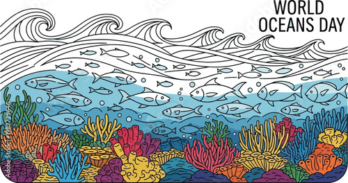 Colorful underwater scene illustrating diverse marine life and coral reefs beneath dynamic ocean waves for World Oceans Day celebration.