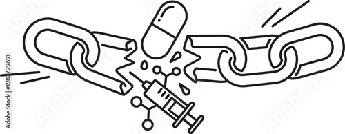 Medical syringe and pharmaceutical capsule breaking a heavy metal chain to symbolize freedom from addiction and medical dependency issues today