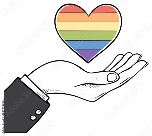 Open hand in suit jacket offers a rainbow heart symbol for love and support