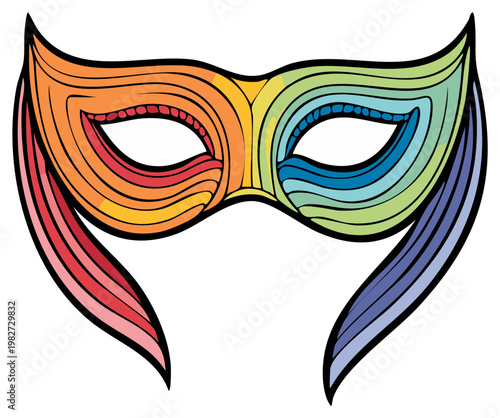 Vibrant Rainbow Masquerade Mask with Swirling Line Art Design