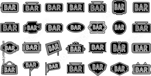 Collection of Black and White Line Art Bar Signs, Vintage Signage Icons, Vector Graphics