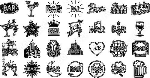 Diverse Bar Icons in Black and White Line Art Style for Nightlife and Entertainment