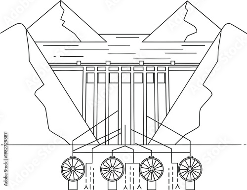 Line art illustration of a large hydroelectric power plant showing a dam built between mountains, with water flowing to turbines for electricity generation.