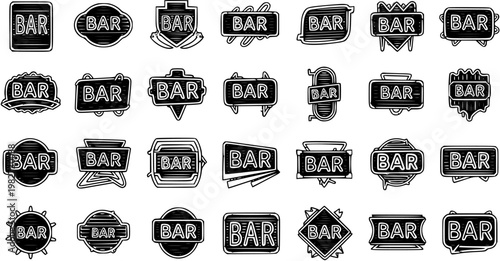 Vintage Hand-drawn Bar Signs and Labels Collection. Black and White Sketch Art for Pubs, Restaurants, Nightlife, and Beverage Branding.