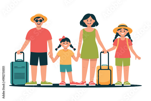 A happy family of four holding hands and standing together with luggage for a vacation or trip.