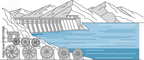 Line art illustration of a large hydroelectric dam nestled in a mountainous landscape, showcasing renewable energy generation and water power technology.