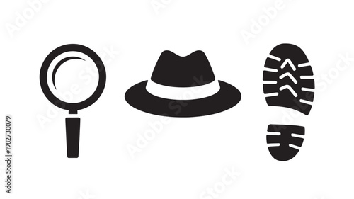 Detective investigation icons with magnifying glass fedora and footprints for crime solving concepts