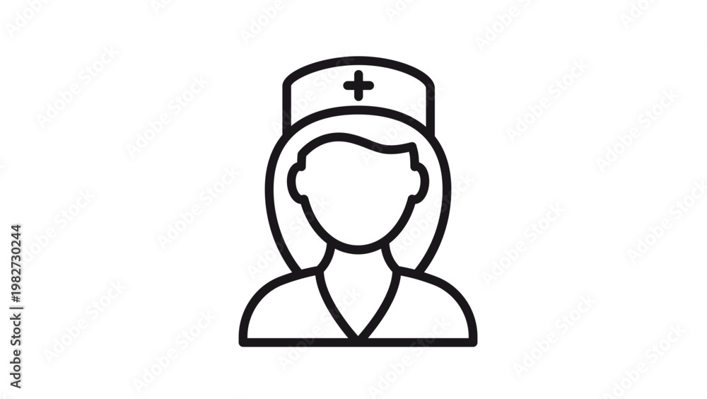 Fototapeta premium Black line vector icon illustration of a female nurse wearing a traditional medical cap with a cross symbol, representing healthcare professionals, nursing, and medical assistance services.