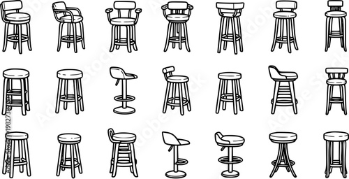 Black and White Line Art Bar Stools and Counter Chairs Vector Icon Set. Diverse Hospitality and Home Furniture Collection for Kitchen and Interior Design.