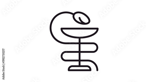 Bowl of Hygieia vector icon, minimalist black line art illustration of the pharmacy symbol featuring a snake coiled around a chalice, medical and healthcare emblem for pharmaceutical design.