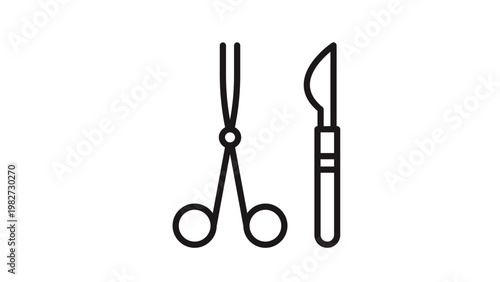 Surgical tools vector icon illustration featuring a scalpel and medical scissors in a minimalist black line art style, perfect for healthcare, surgery, and medical clinic graphic design.