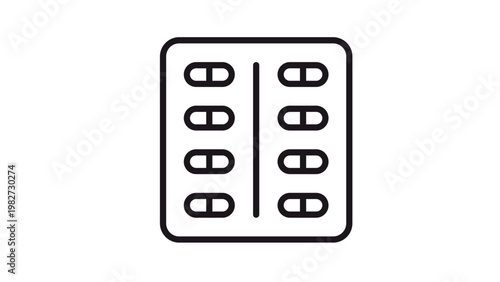 Minimalist black line vector icon of a medicine blister pack with eight capsules, representing pharmacy, healthcare, medical treatment, and prescription drugs. Scalable graphic illustration.