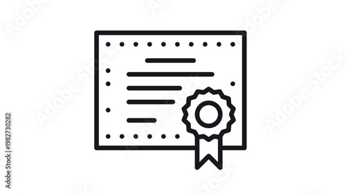 Minimalist black line vector icon of a certificate or diploma document featuring a decorative dotted border and a seal with ribbons, representing achievement, graduation, and certification.